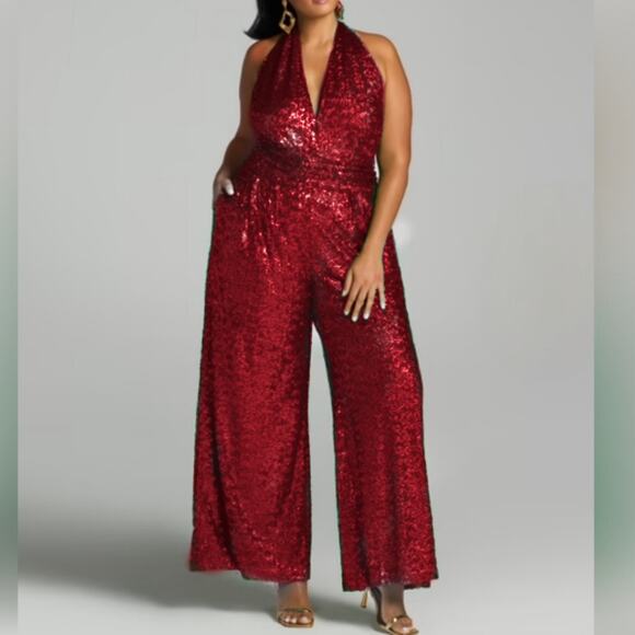 Fashion To Figure Red Sequin V Neck Halter Party Jumpsuit women’s plus size 0X - Picture 1 of 12